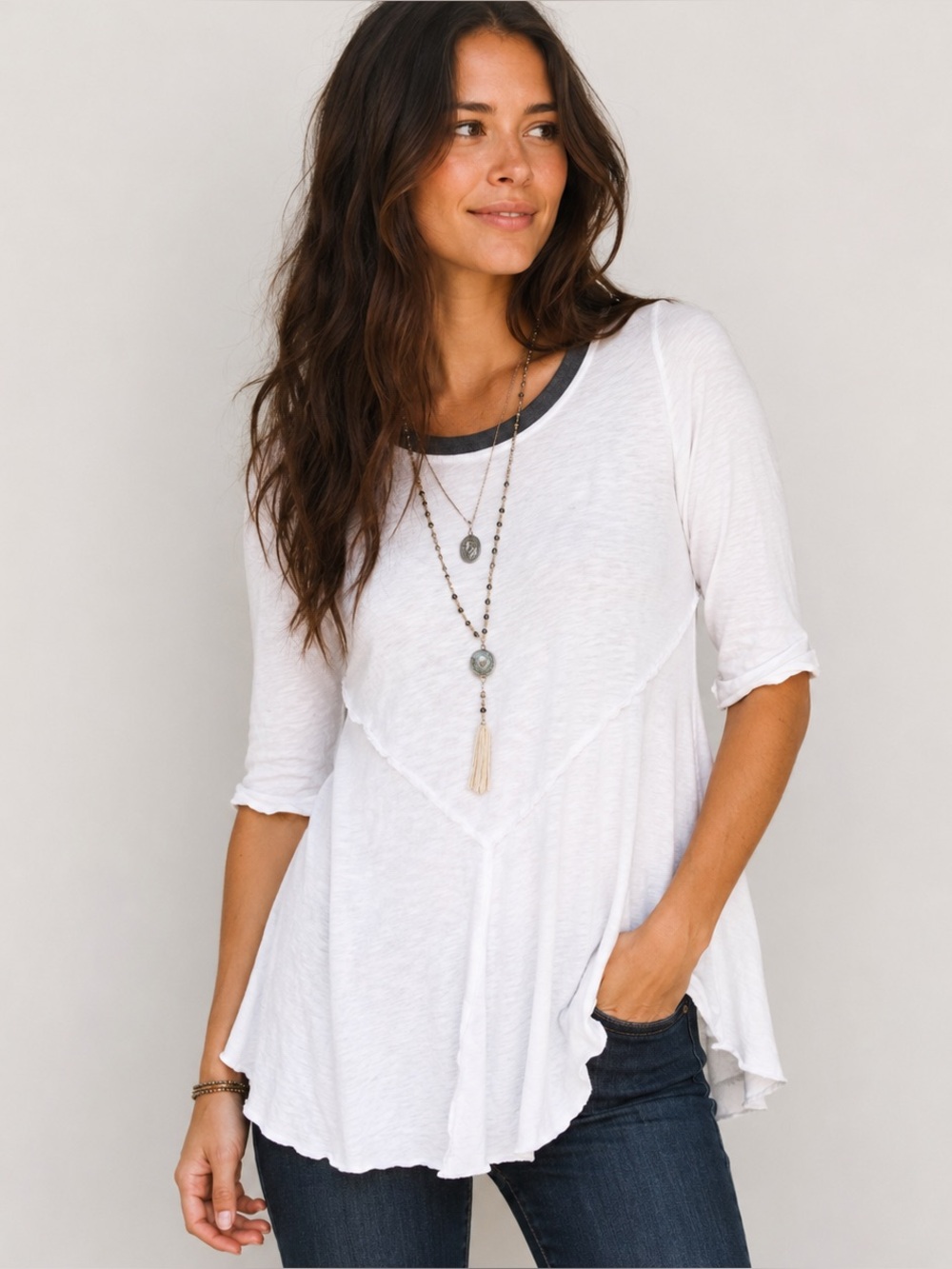 Free People Intimately Raw Edge Swing Tee Small White Gray Boho